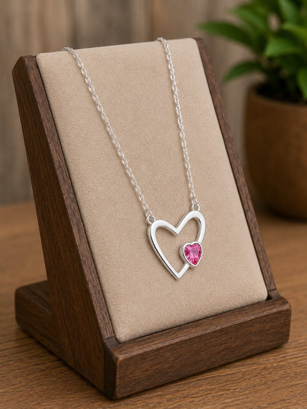 Silver Heart Necklace Pink Crystal Pendant - Picture 4 of 6